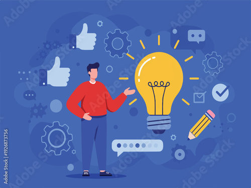 Man presenting a light bulb with icons around him representing ideas and innovation concepts