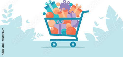 A colorful illustration of a shopping cart filled with gifts and presents on a light blue background