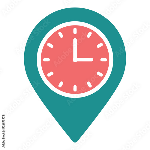 Teal map pin icon with red clock face and white hands icon