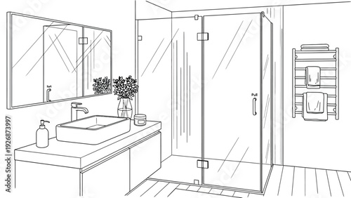 Minimalist bathroom features a large mirror, a sleek sink, and a glass shower enclosure. Towels hang neatly on a ladder rack, creating a tidy and modern feel.