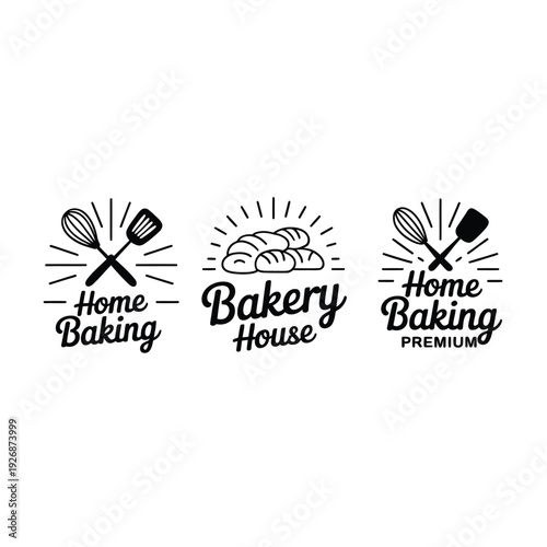Vintage bakery logos with baking tools and wheat elements design