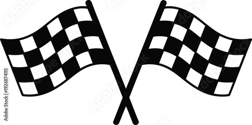 Two black and white checkered flags waving in the wind on a plain background