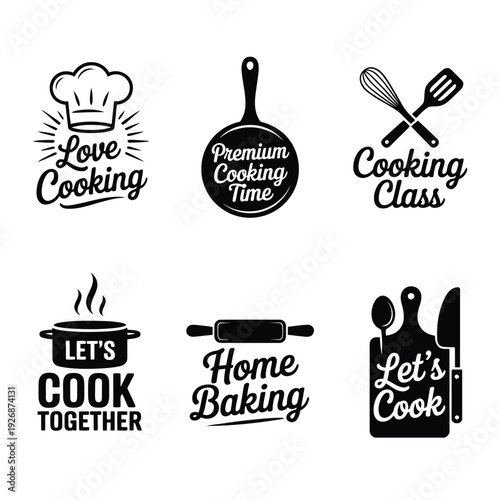 Black and white cooking icons with text elements and chef s hat