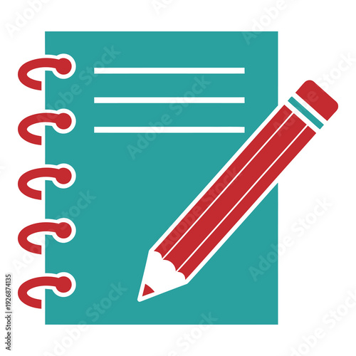 Teal notebook with red spiral binding and pencil on white background icon