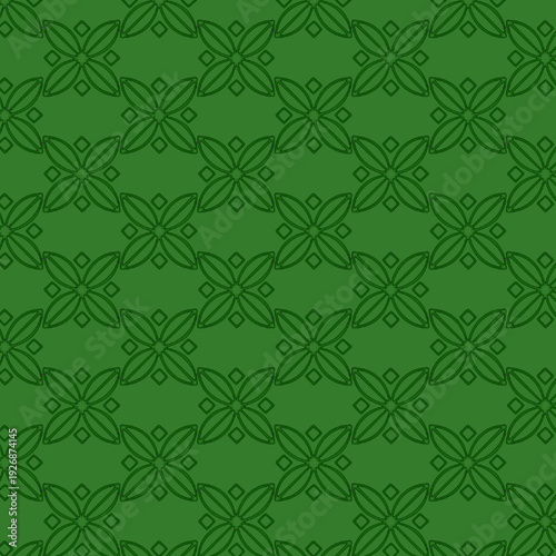 Embossed green geometric floral pattern with symmetrical petal shapes. Elegant seamless ornamental background for wallpaper, textile and decorative design.