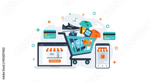 Online Shopping and E-commerce Concept with Shopping Cart, Laptop, Smartphone, and Credit Cards on a Clean White Background