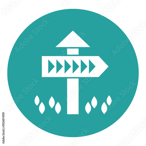 Teal oval signpost icon with white directional arrows and raindrops on white background icon