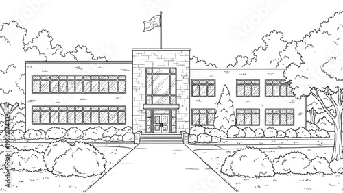 Line drawing of a two-story school building with large windows, surrounded by trees and shrubs. A flag flies on top, conveying a calm, institutional setting.