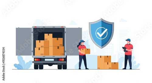Diligent delivery workers efficiently load cardboard boxes into a large transport truck under the symbol of guaranteed security.