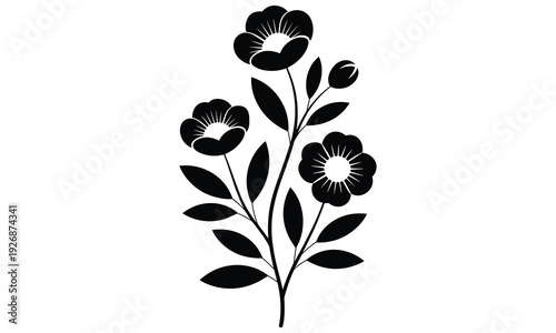 Simple black and white vector graphic illustration of a flowering plant with stylized flowers and leaves on a clean white background for design and decoration purposes.