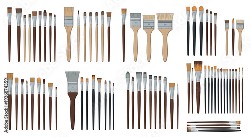 Extensive collection of artist paintbrushes of various sizes and shapes neatly arranged for painting and artistic creations.