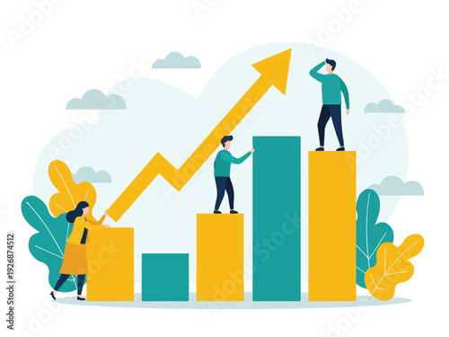 People working together to achieve success with growing graph and arrow pointing upwards