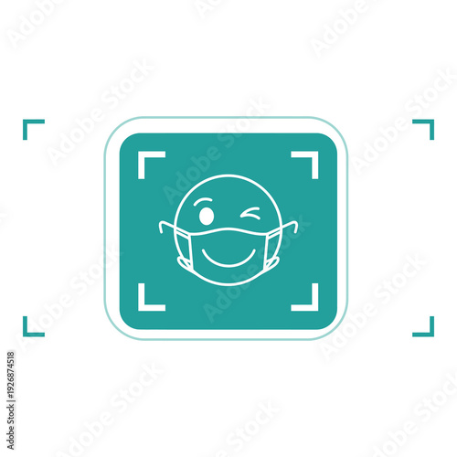 Teal square icon with smiling face wearing medical face mask and white outline icon