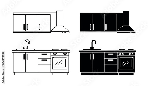 Black and white line drawings of various kitchen cabinet and appliance sets in different styles and configurations