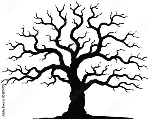 Bare twisted tree silhouette isolated on white background, black spooky forest illustration for Halloween gothic nature design