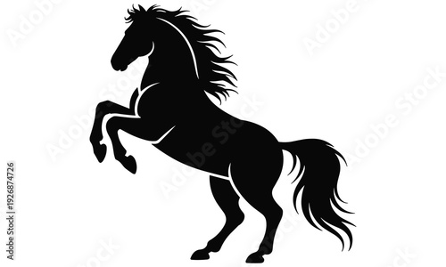 Black silhouette illustration of a rearing horse with flowing mane and tail on a clean white background, symbolizing freedom and elegance.