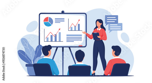 Confident female professional conducts a business presentation using data visualizations on a large whiteboard for her colleagues.