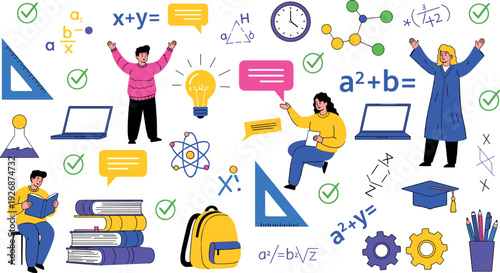 Education and Mathematics Concept Collection with Students, Formulas, Geometry Tools and School Supplies Flat Vector Illustration