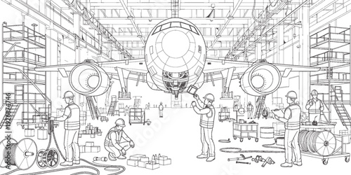 Aircraft Assembly Hangar Interior sketch with Engineers Working on Airplane Manufacturing Process, Aerospace Industry Production Facility, Aviation Engineering Workshop with Tools