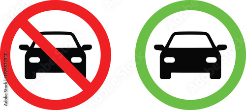 Prohibited and allowed vehicle parking signs depicted with red and green circles.