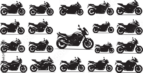 Collection of motorcycle silhouettes on a white background pattern