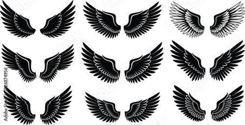 Collection of twelve stylized wing silhouette designs, isolated vector icons with feather details for fantasy, tattoo, logo, angel, and decorative themes