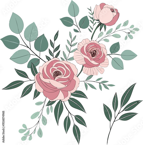 Wedding Floral Elements Vector Set Roses Peonies