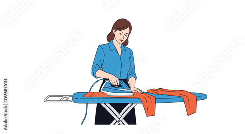 Diligent woman focuses on ironing bright orange clothing on a blue ironing board inside a clean and simple home environment.