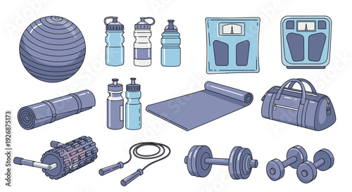 Comprehensive collection of fitness and gym equipment including dumbbells, yoga mats, water bottles, scales, and a sports bag.