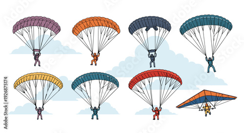 Collection of colorful parachutes and a hang glider with people flying through the sky against a background of soft white clouds.