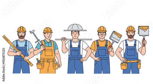 Team of skilled male construction workers in colorful uniforms proudly display their professional tools including a level and paint roller.