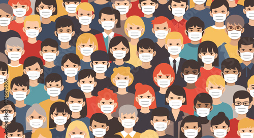 Large and diverse crowd of people of all ages and backgrounds wearing white protective face masks for health and safety in public.