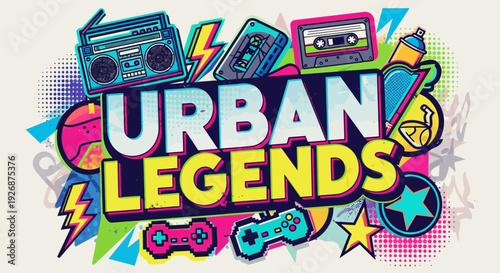 Vibrant graphic design featuring the text "URBAN LEGENDS" surrounded by retro 80s and 90s pop culture elements like boomboxes, cassette tapes, and video game controllers.