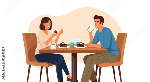 Happy young couple enjoys a romantic date at a cozy cafe while sharing delicious chocolate cake and drinking coffee together.