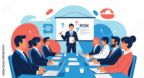 Professional leader delivers a business presentation about risk management to an attentive team of colleagues in a conference room.