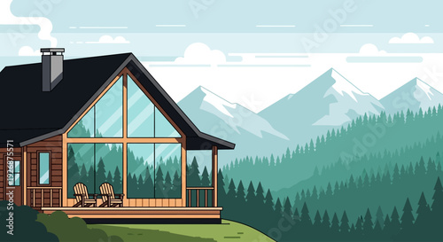 A-frame cabin nestled in a lush green forest with snow-capped mountains in the background under a cloudy sky.