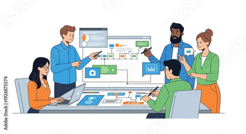 Diverse team collaborating on a business strategy presentation.