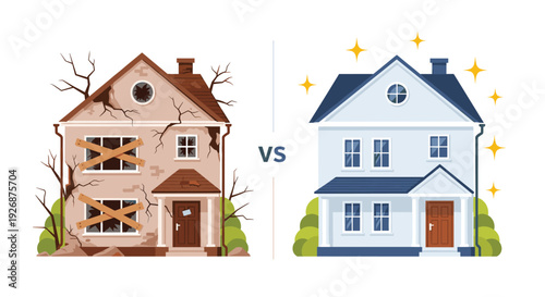 Direct comparison between a ruined and dilapidated old house and a beautiful newly renovated and sparkling modern home.