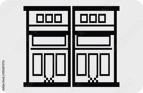 A black and white illustration of a building facade with two sections