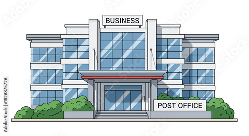 Modern commercial business center building or post office exterior with glass windows and green landscaping on white background.