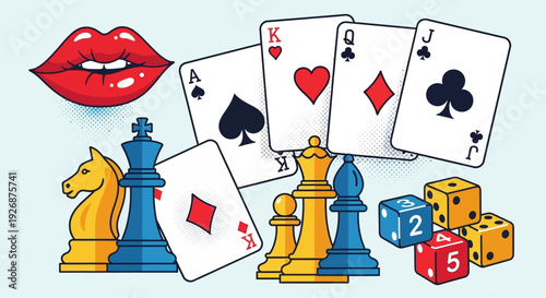 A vibrant collage of game elements including playing cards, chess pieces, dice, and lips, symbolizing strategy, chance, and allure.