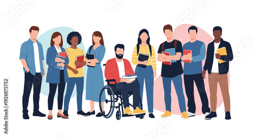Diverse group of college students standing together while holding books and learning materials in a bright university setting.