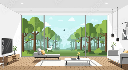 A modern living room with a large window overlooking a serene forest landscape with a white deer.