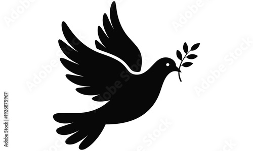 Dove carrying olive branch in its beak symbolizing peace and harmony in a simple vector graphic illustration design