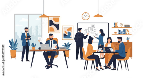 Diverse team collaborating in modern office environment.