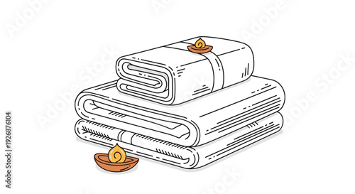 Stack of clean white folded spa towels decorated with traditional oil lamps for relaxation and wellness treatments at a resort.