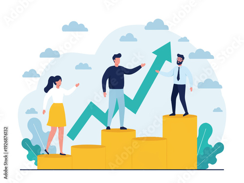 Three business people standing on cylinders with green growth chart and upward arrow success concept  teamwork collaboration and partnership for business growth and success