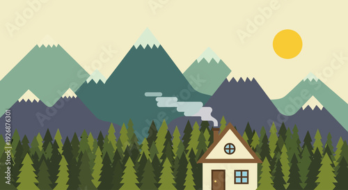 Flat design illustration of a cozy house nestled in a dense forest with snow-capped mountains and a bright sun in the background.