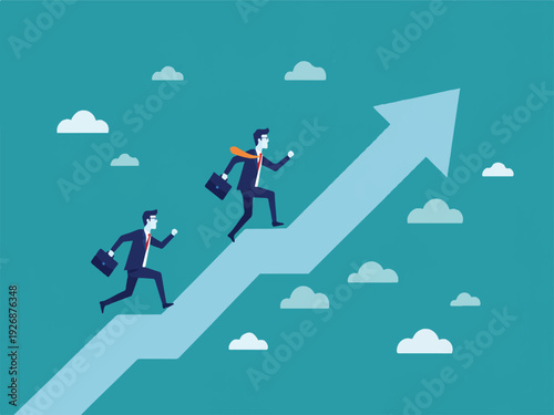 Two businessmen running up arrow graph with clouds in the background  business success concept