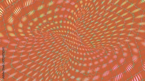 Vibrant optical illusion pattern with swirling lines and dots in orange, green, and pink hues.
